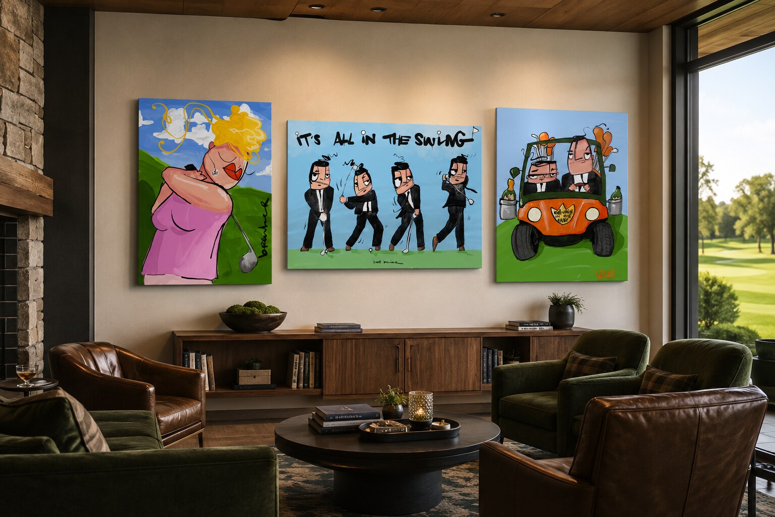 Drie golfkunstwerken als golf cadeau in een modern clubhuis