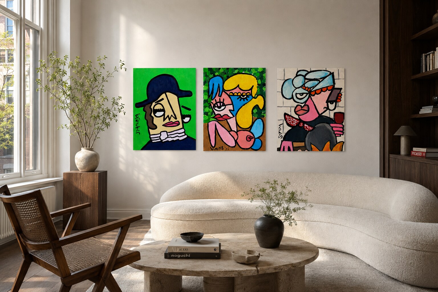Drie originele schilderijen uit de collectie HANS in een interieur van een kunstverzamelaar