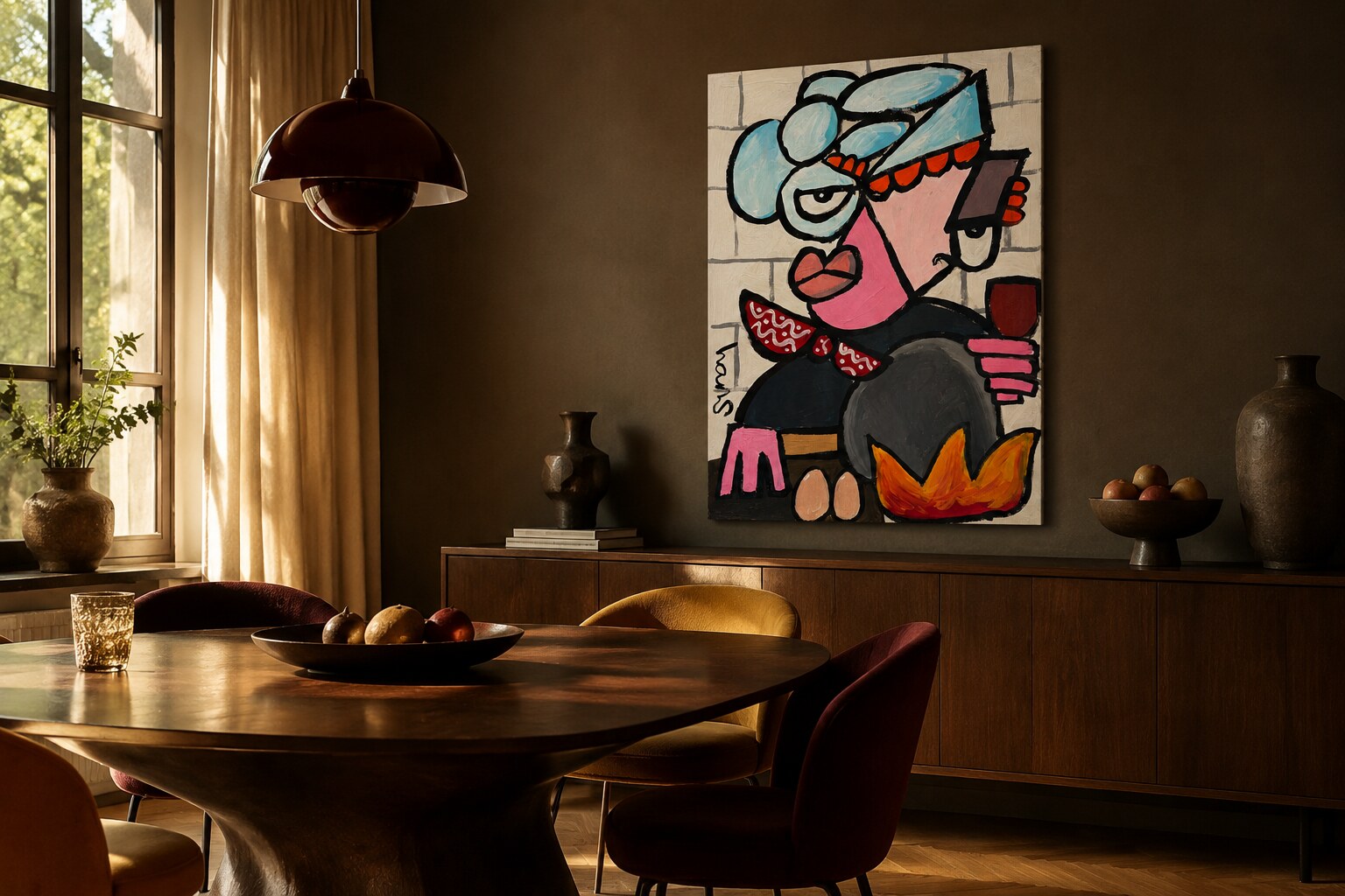 Mad Chef origineel schilderij uit de HANS collectie in een warme eetkamer