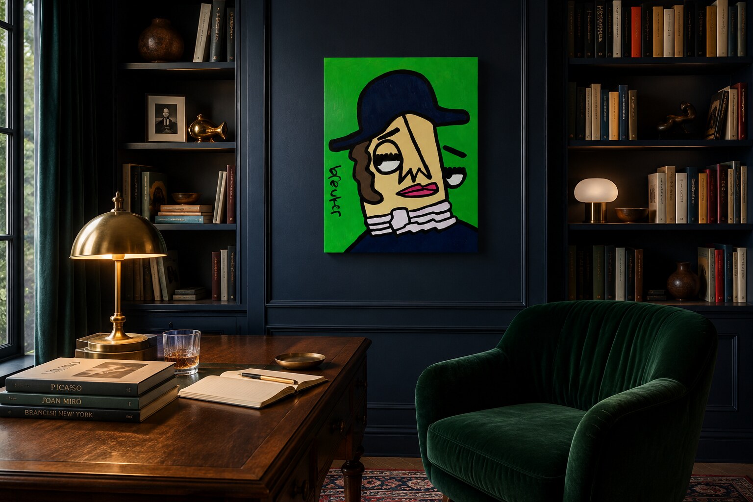 The Aristocrat origineel schilderij van Hans Breuker in de bibliotheek van een kunstverzamelaar